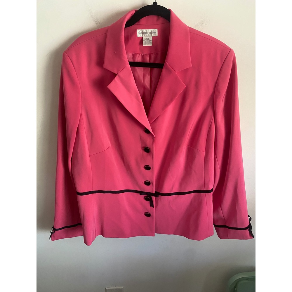 Worthington Womens 18W Pink Blazer Ribbon Trim Bow‎ Cuffs Button Front Plus Size